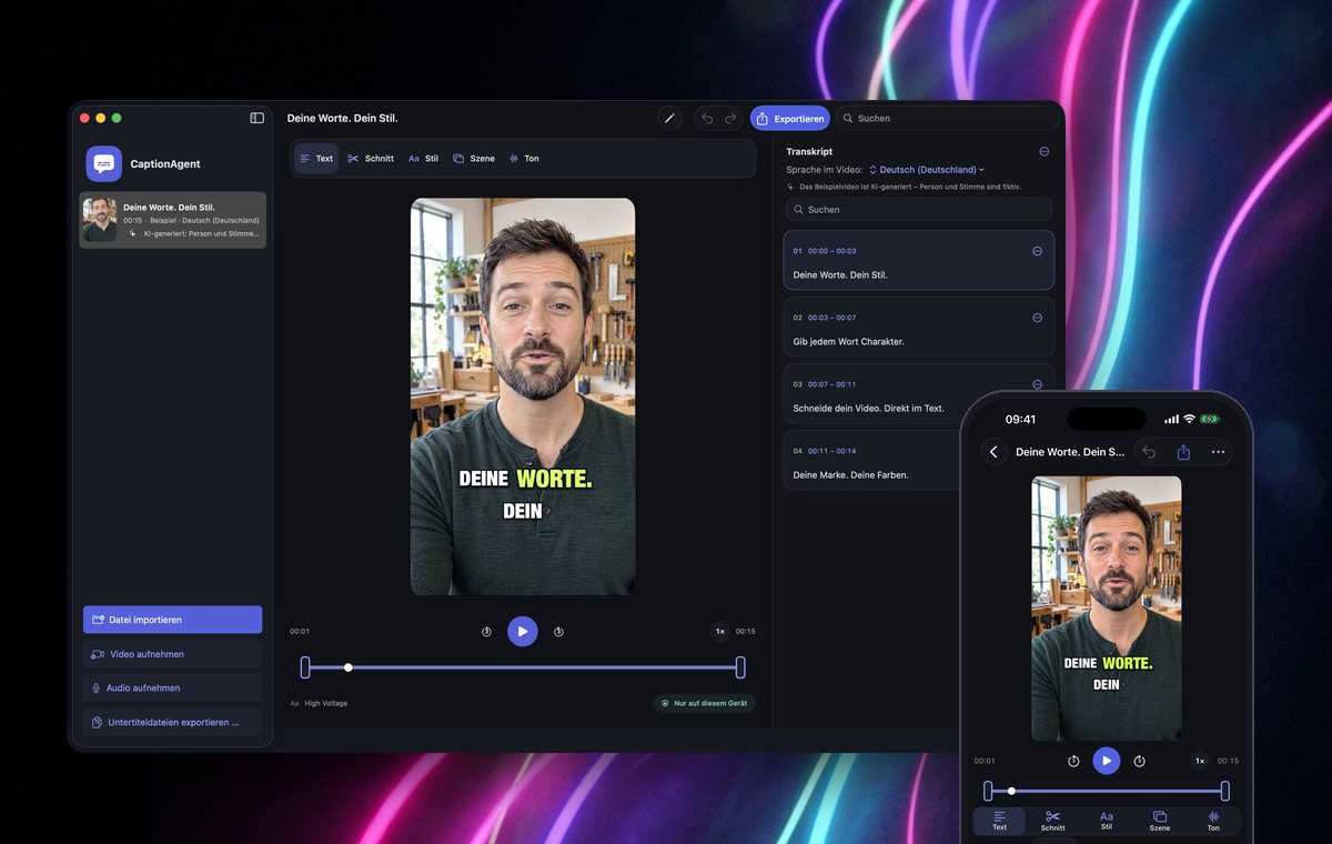 CaptionAgent auf Mac und iPhone: Video mit Untertiteln und Transkript