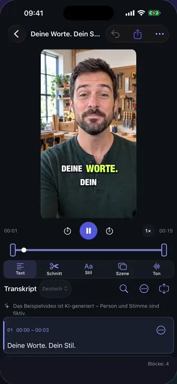 Editor von CaptionAgent mit Video und Untertiteltext