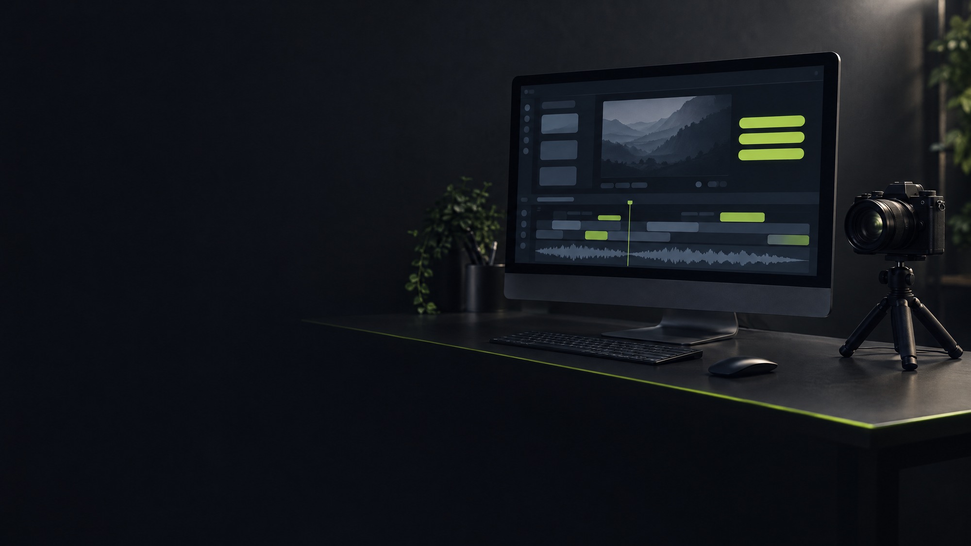 Arbeitsplatz mit Kamera und Mac, auf dem Bildschirm ein Videoprojekt mit Transkript und eingeblendeten Untertiteln