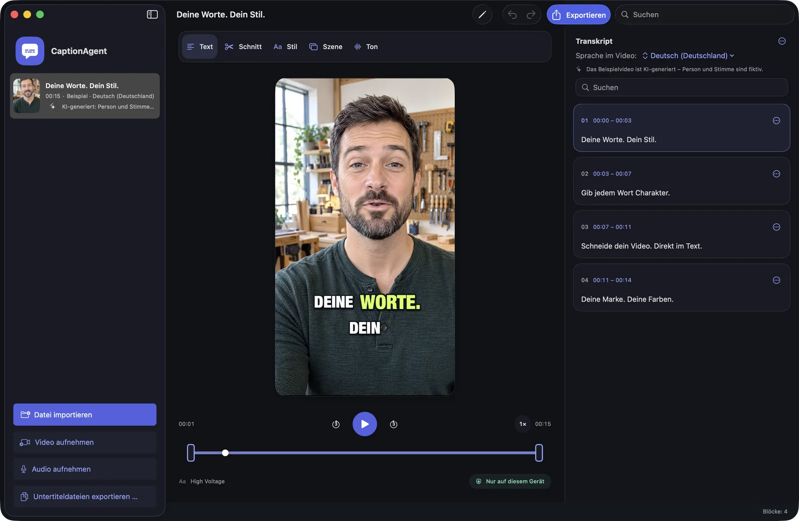 CaptionAgent auf dem Mac: Video mit Untertiteln und Transkript