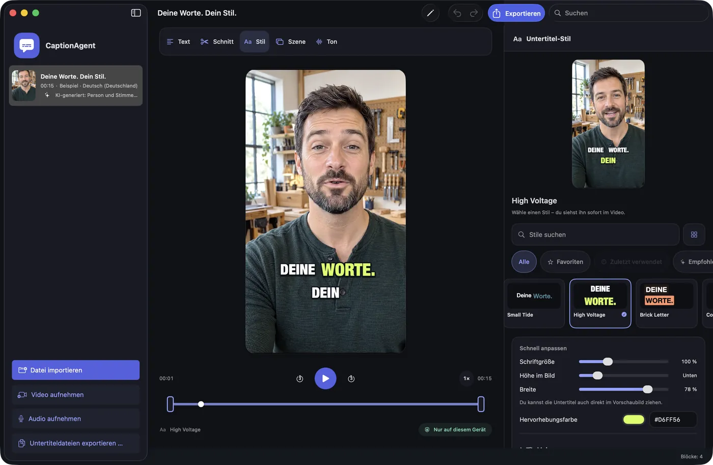 CaptionAgent auf dem Mac: Video mit Untertiteln und Transkript