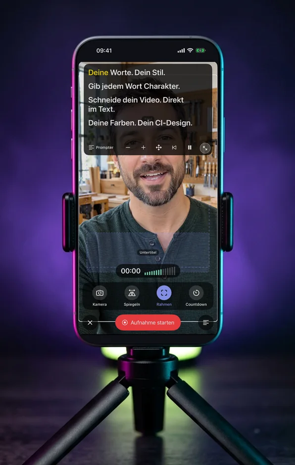 Der Prompter von CaptionAgent auf einem iPhone am Stativ