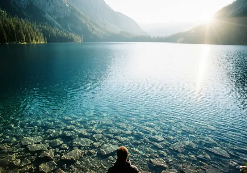 Lac de montagne limpide au soleil, une personne assise sur la rive – image d’ambiance générée par IA