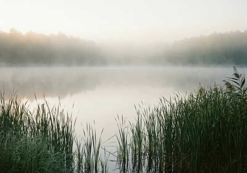 Brume sur un lac calme bordé de roseaux – image d’ambiance générée par IA