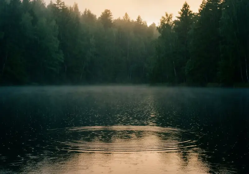 Lac en forêt dans la lumière du matin – image d’ambiance générée par IA
