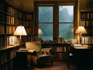 La bibliothèque sous la pluie – image de couverture de l’app, générée par IA