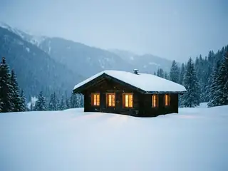 Soirée au refuge sous la neige – image de couverture de l’app, générée par IA