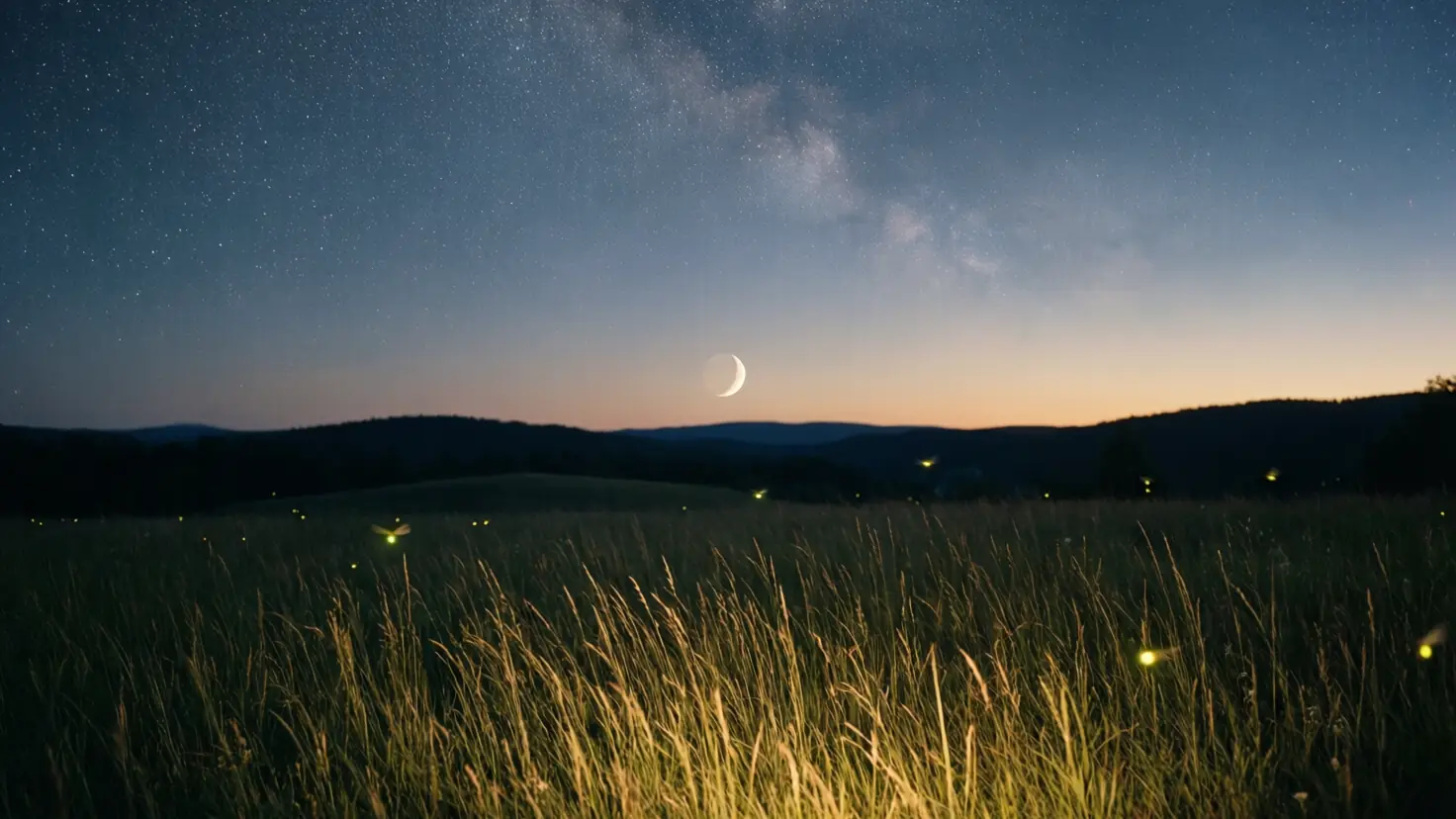 Prairie la nuit, sous un ciel étoilé et un fin croissant de lune – image d’ambiance générée par IA