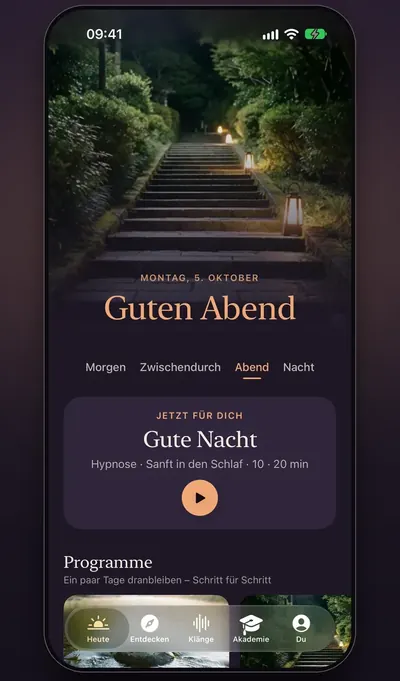 Bildschirmfoto: der Bereich „Heute“ am Abend mit der Empfehlung „Gute Nacht“ und den Programmen