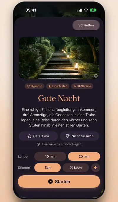 Bildschirmfoto: die Session „Gute Nacht“ mit Auswahl von Länge, Stimme und Ende