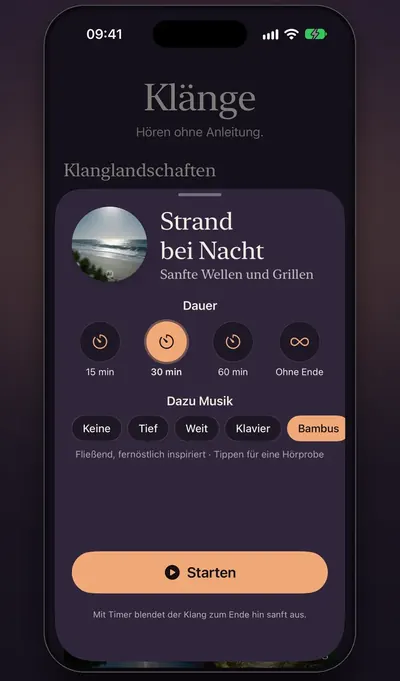 Bildschirmfoto: der Bereich „Klänge“ mit der Klanglandschaft „Strand bei Nacht“, Dauer und Musikauswahl
