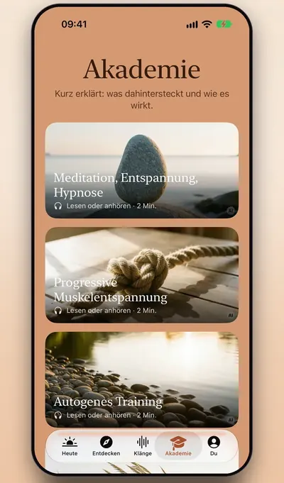 Bildschirmfoto: die Akademie mit Lektionen zu Meditation, Progressiver Muskelentspannung und Autogenem Training