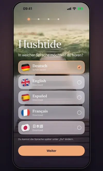 Bildschirmfoto: die Sprachwahl beim ersten Start mit Deutsch, English, Español, Français und Japanisch