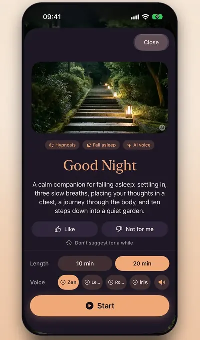 Screenshot: a session page with the choice of length, voice and ending