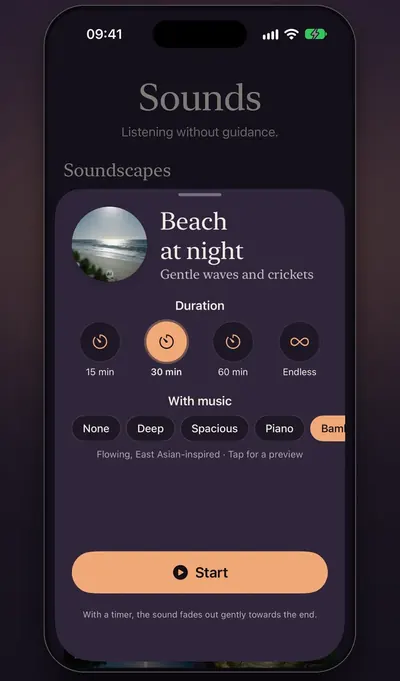 Screenshot: the Sounds tab with a soundscape, duration and music options