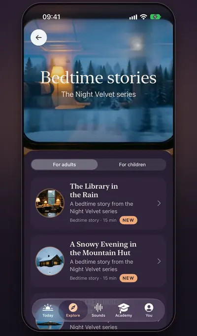 Screenshot: the Bedtime stories theme with stories for adults and for kids