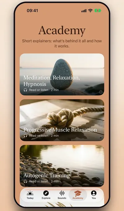 Screenshot: the Academy with short lessons on relaxation methods