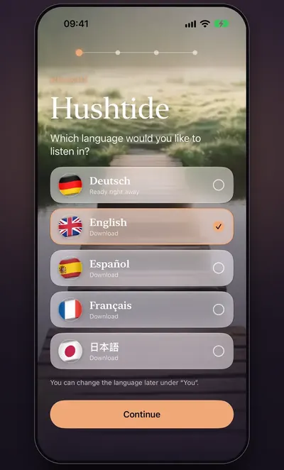 Screenshot: the language picker on first launch with five languages