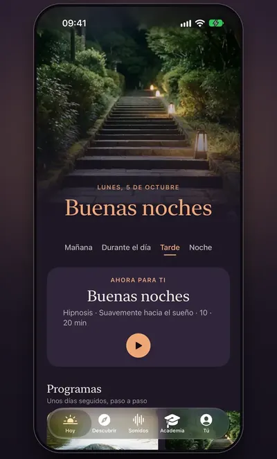 Captura de pantalla: la pestaña Hoy por la noche, con una sesión sugerida y los programas