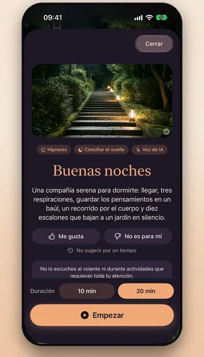 Captura de pantalla: la página de una sesión con la elección de duración, voz y final