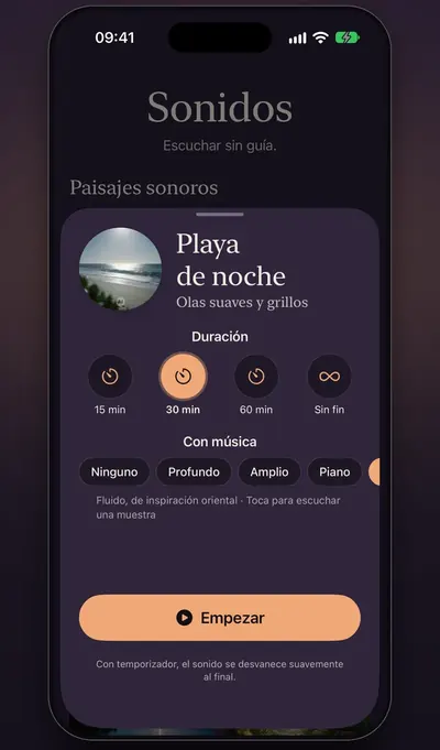 Captura de pantalla: la pestaña Sonidos con un paisaje sonoro, la duración y la elección de música