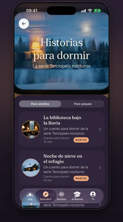 Captura de pantalla: el tema Historias para dormir, con historias para público adulto e infantil