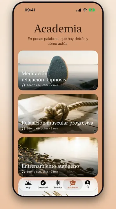 Captura de pantalla: la Academia con lecciones breves sobre métodos de relajación