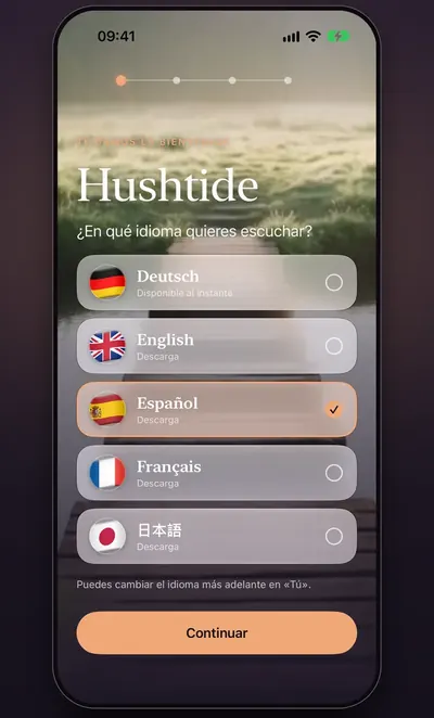 Captura de pantalla: la elección de idioma al abrir la app por primera vez, con cinco idiomas