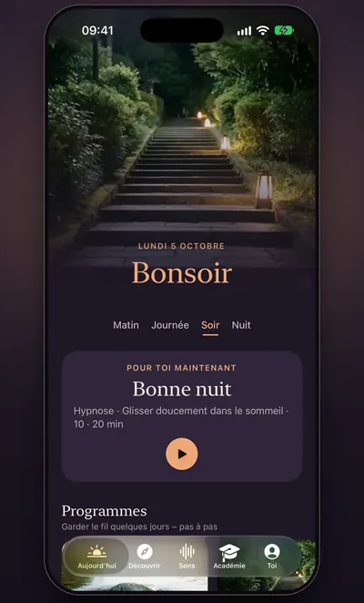 Capture d’écran : l’onglet Aujourd’hui le soir, avec une séance suggérée et les programmes