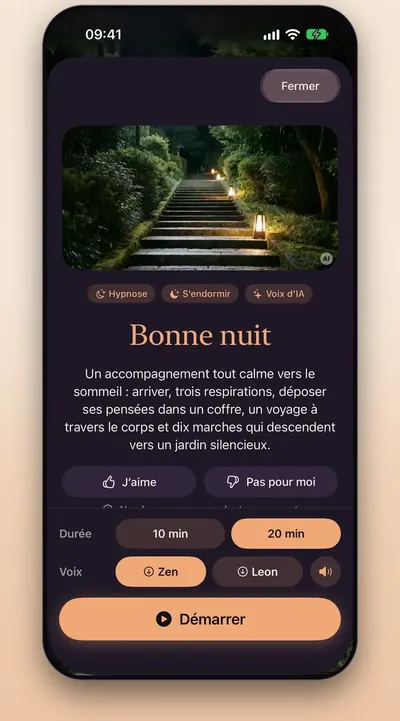 Capture d’écran : la page d’une séance avec le choix de la durée, de la voix et de la fin