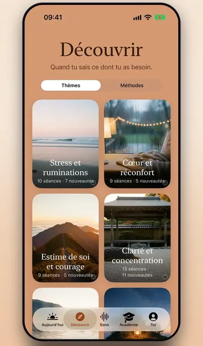 Capture d’écran : l’onglet Découvrir avec des univers comme Stress et ruminations, Cœur et réconfort ou Clarté et concentration