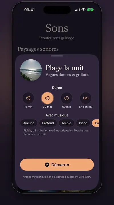 Capture d’écran : l’onglet Sons avec un paysage sonore, la durée et le choix de la musique