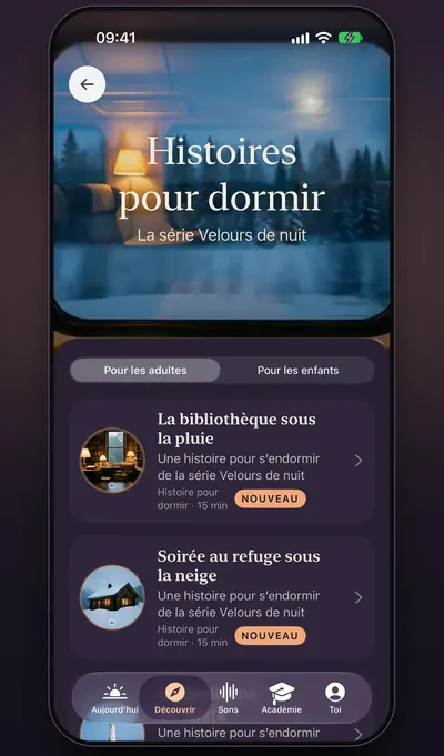 Capture d’écran : l’univers Histoires pour dormir, avec des histoires pour adultes et pour enfants