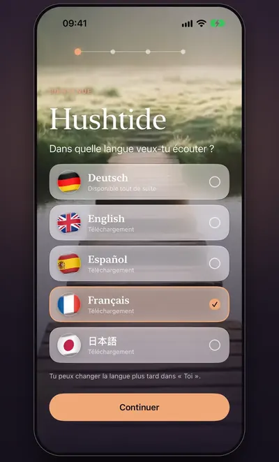 Capture d’écran : le choix de la langue au premier lancement, avec cinq langues