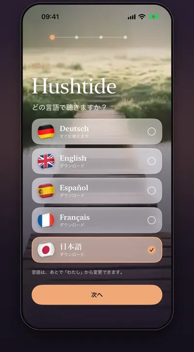 スクリーンショット：初回起動時の言語選択画面。5つの言語から選べます