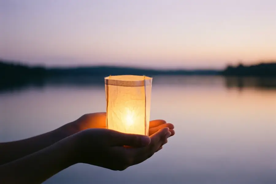 Deux mains tiennent une lanterne de papier allumée devant un lac calme au crépuscule – image d’ambiance générée par IA