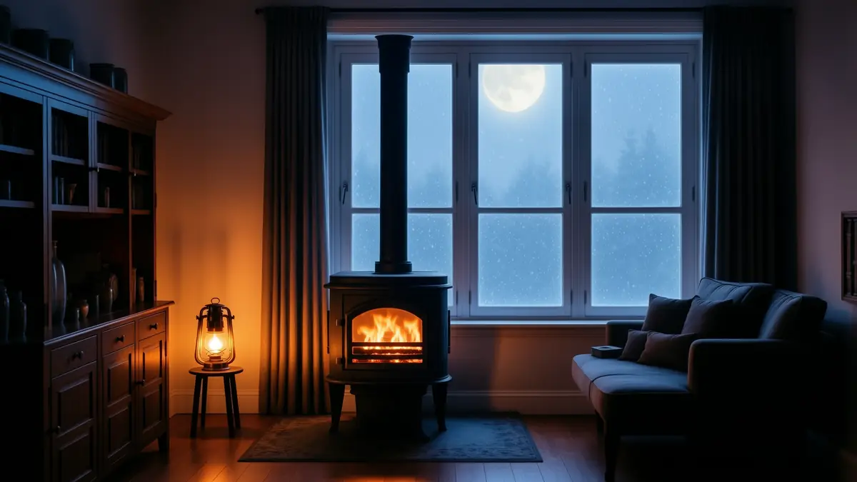 Ofen vor einem Fenster, draußen fällt Schnee