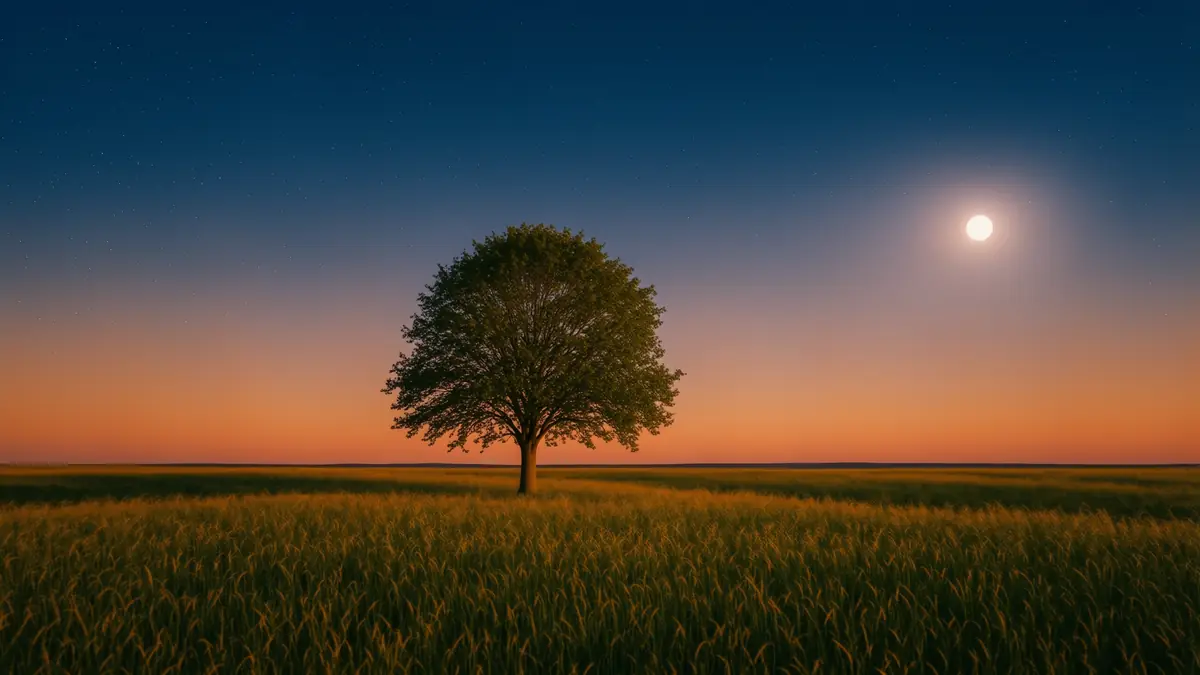 Einzelner Baum auf einem Feld unter dem Mond
