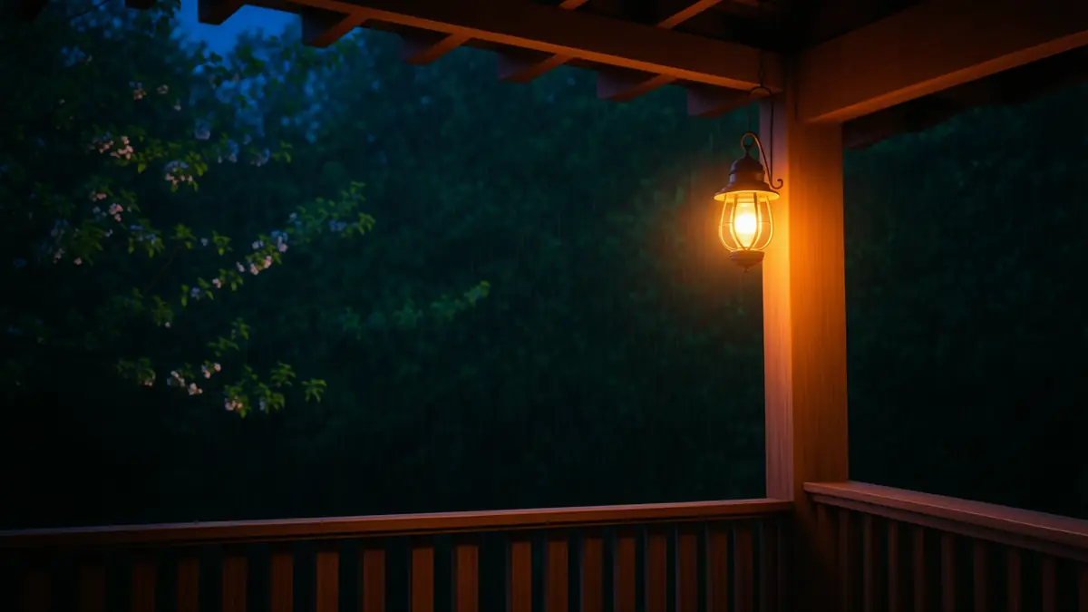 Veranda mit Laterne bei Nacht