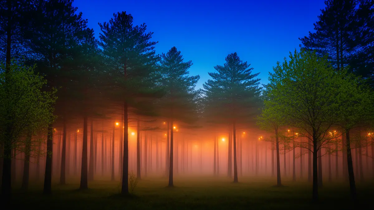 Nebel und kleine Lichter in einem stillen Wald