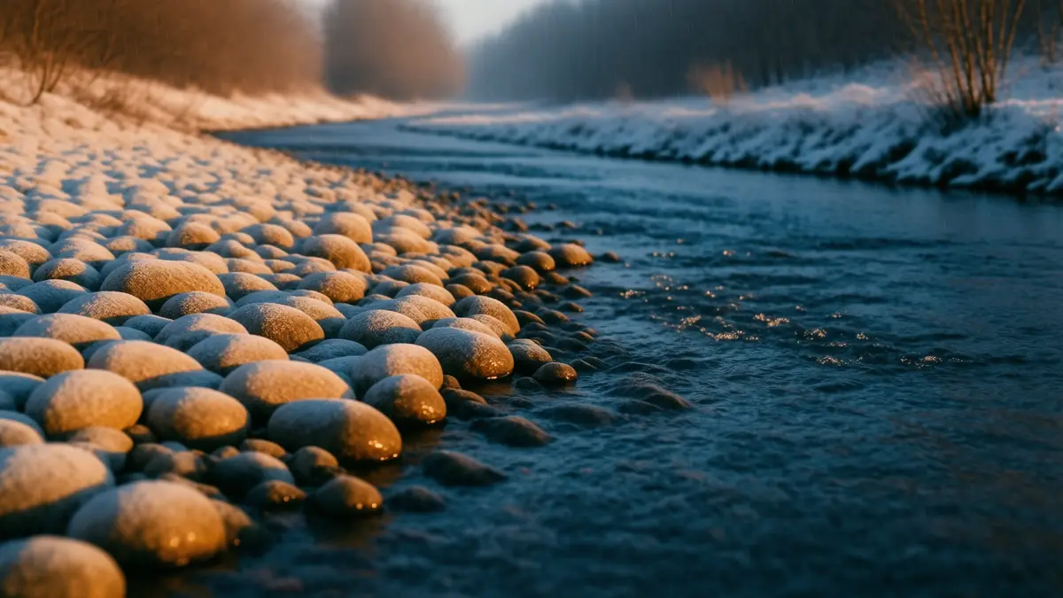 Runde Steine am Ufer eines Bachs im Winter