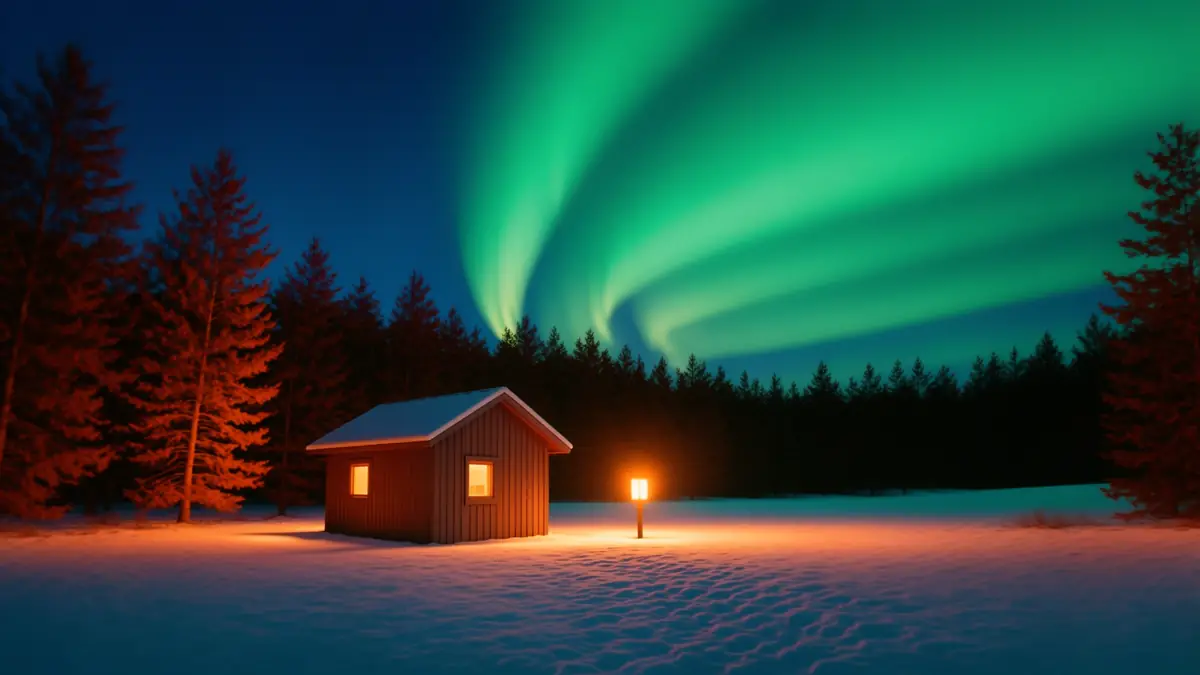 Polarlicht über einer roten Hütte im Schnee