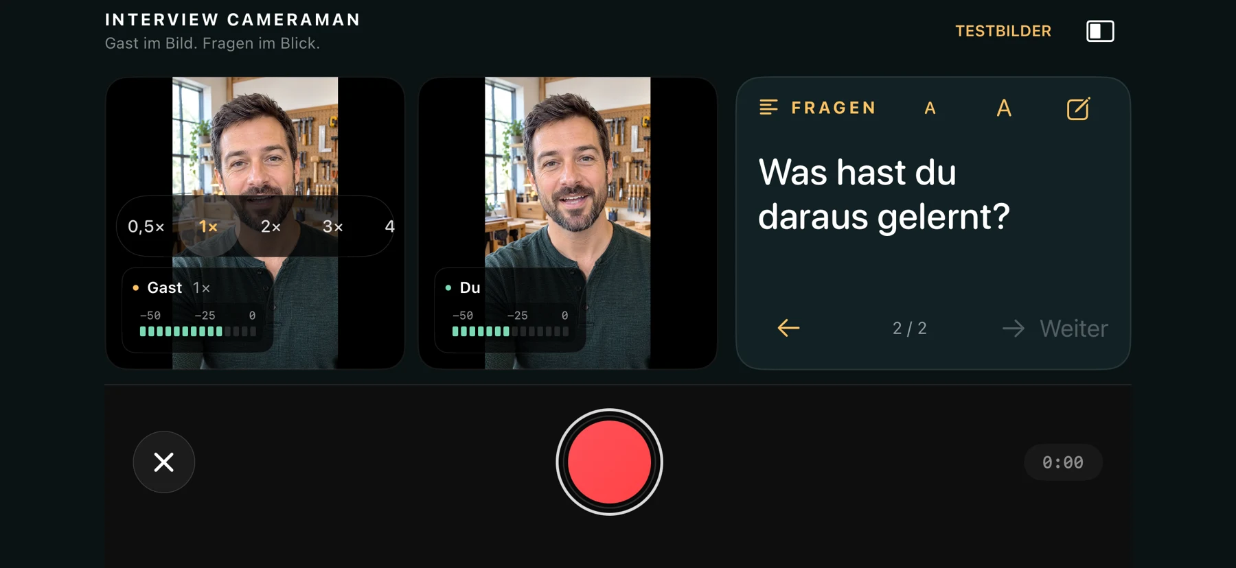 Interview-Oberfläche mit zwei Kameravorschauen, Fragen-Prompter und Aufnahmeknopf