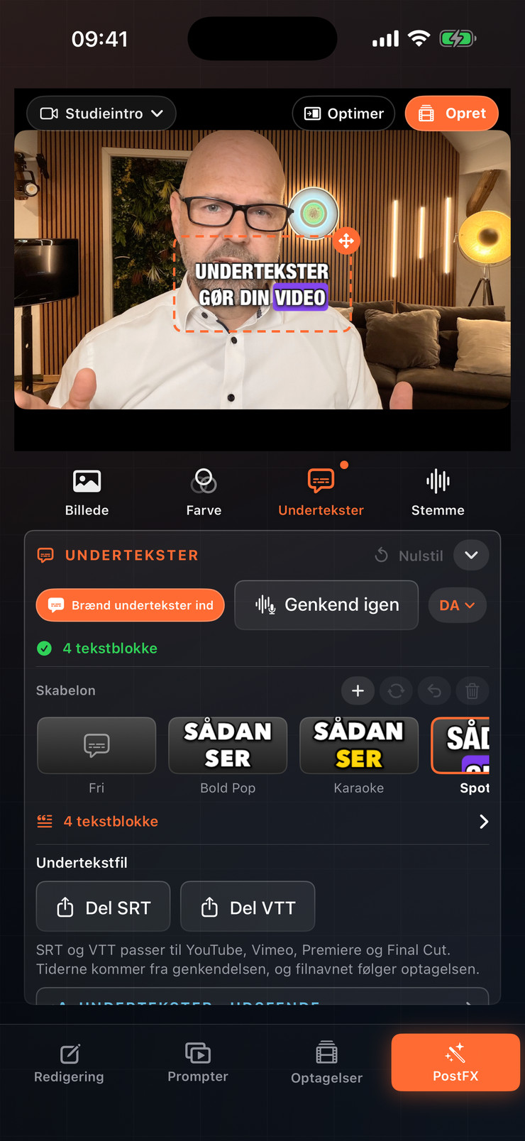 iPhone med undertekster og skabeloner i PostFX
