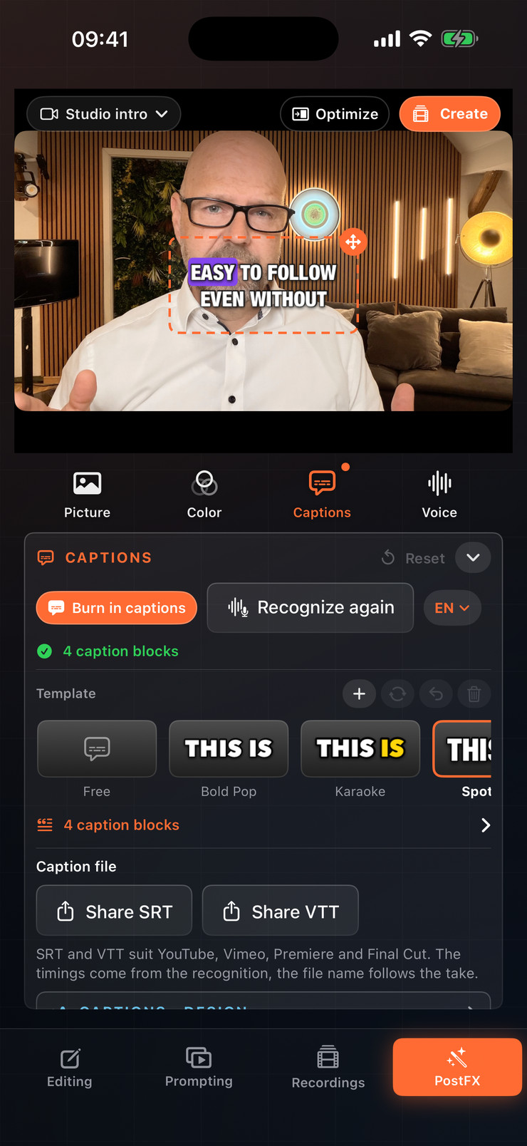 iPhone showing captions and templates in PostFX