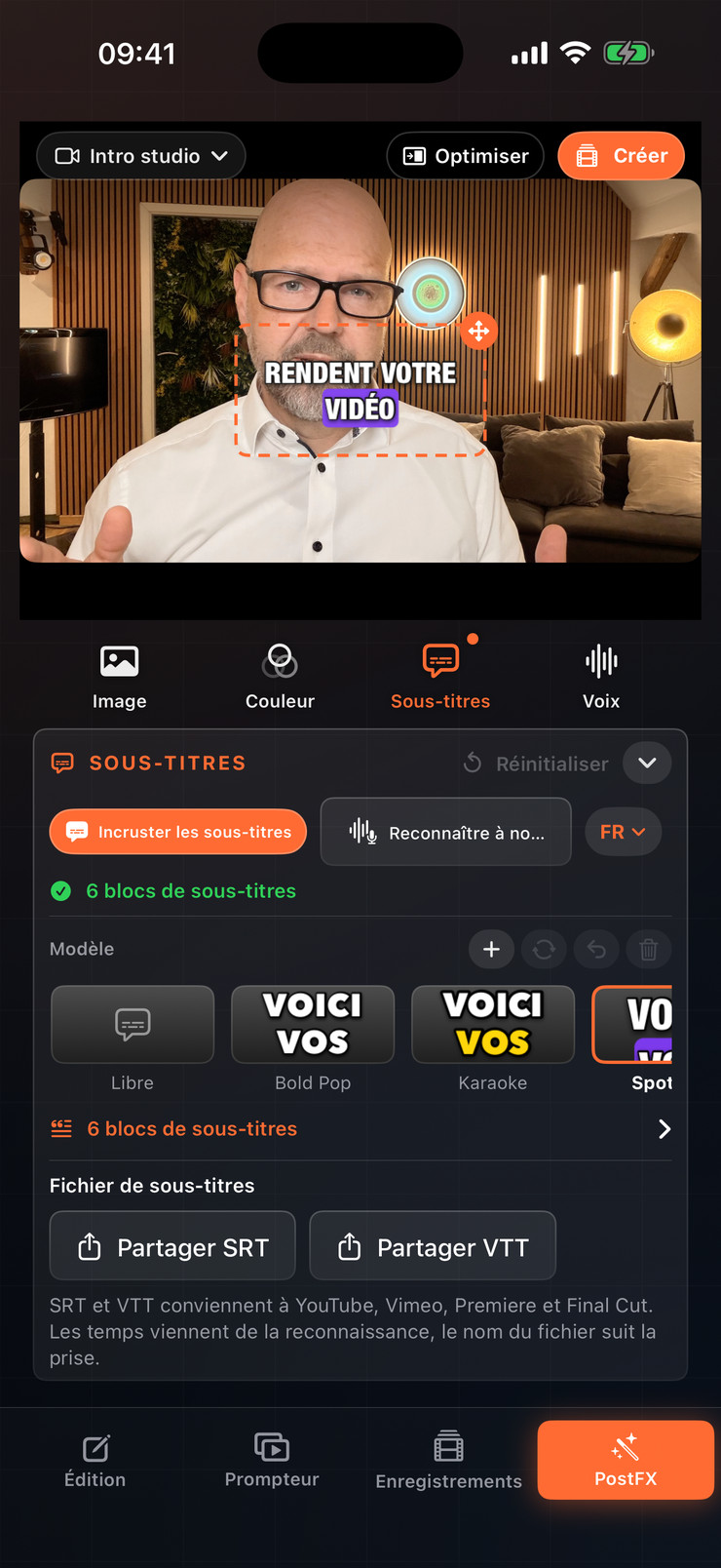 iPhone affichant les sous-titres et modèles dans PostFX
