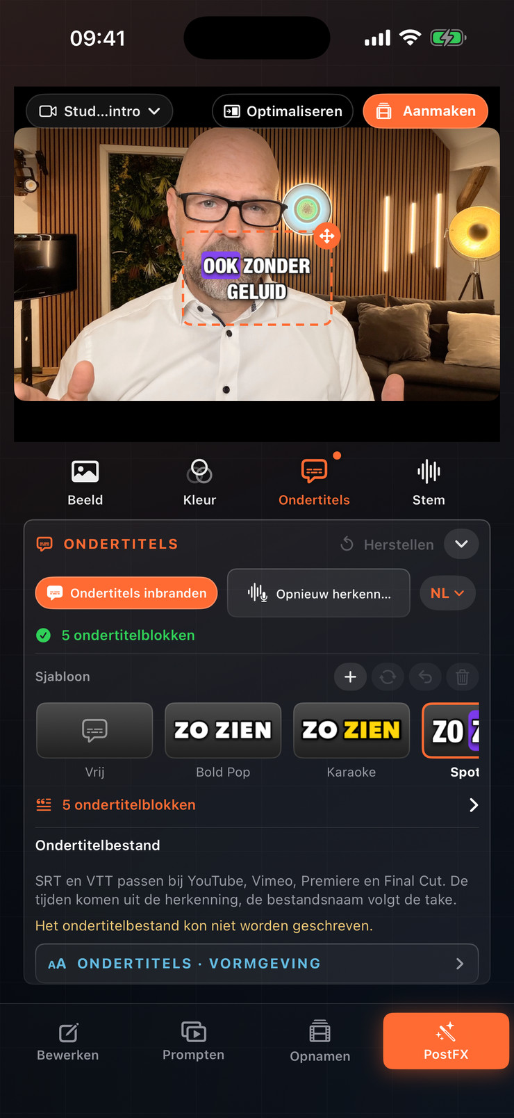 iPhone met ondertitels en sjablonen in PostFX