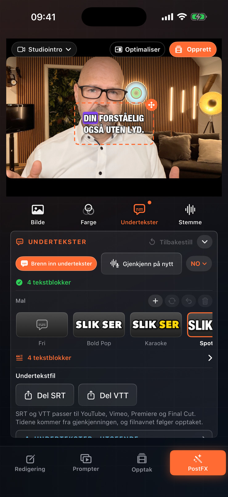 iPhone med undertekster og maler i PostFX