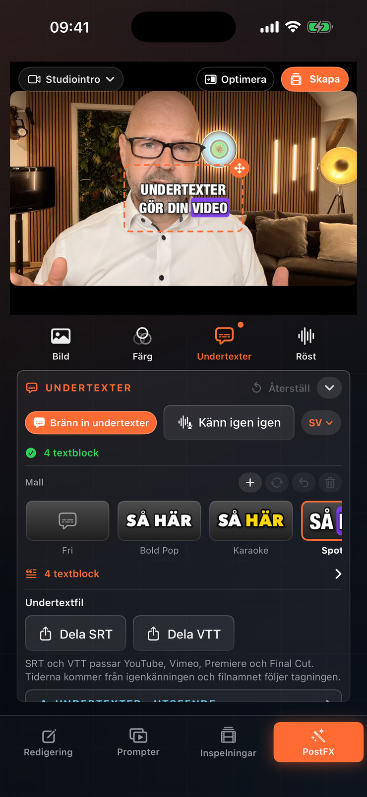 iPhone med undertexter och mallar i PostFX