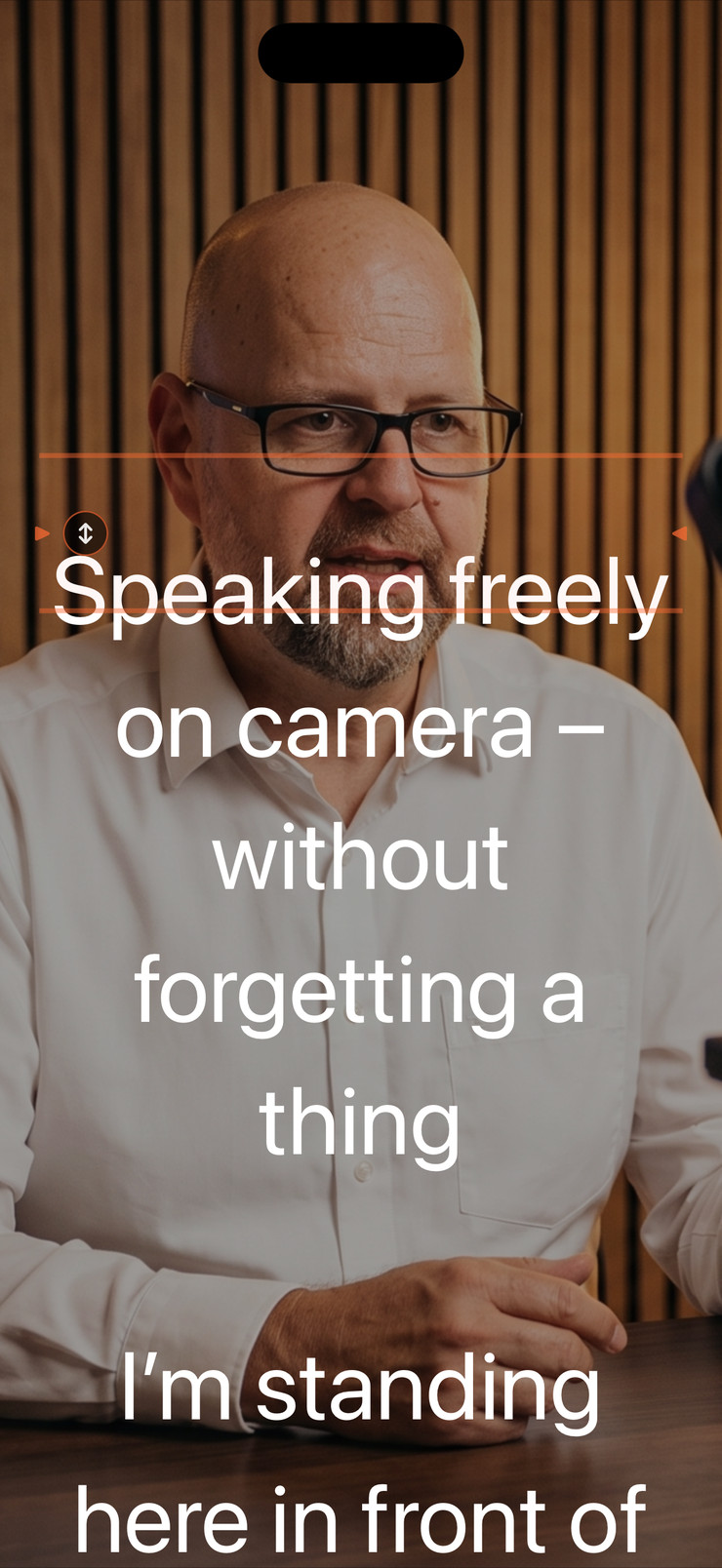 iPhone prompter with English text over a camera image